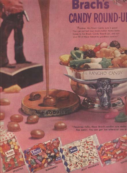 1956 Food Candy Brachs Burgandy 50s Vintage Print Ad Nut Jelly Nougat Sweet  Jar